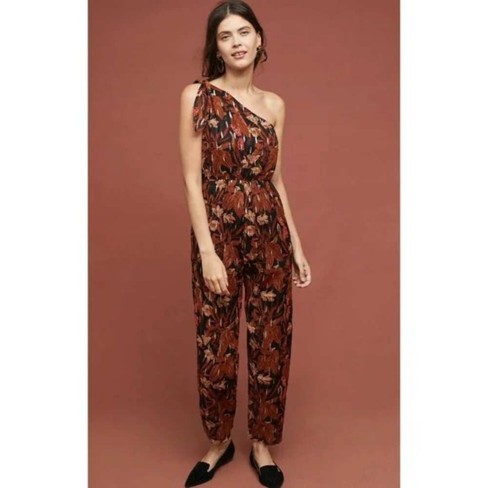 Maeve Anthropologie Kyoto One Shoulder Metallic Floral Jumpsuit Size‎ 2 Black